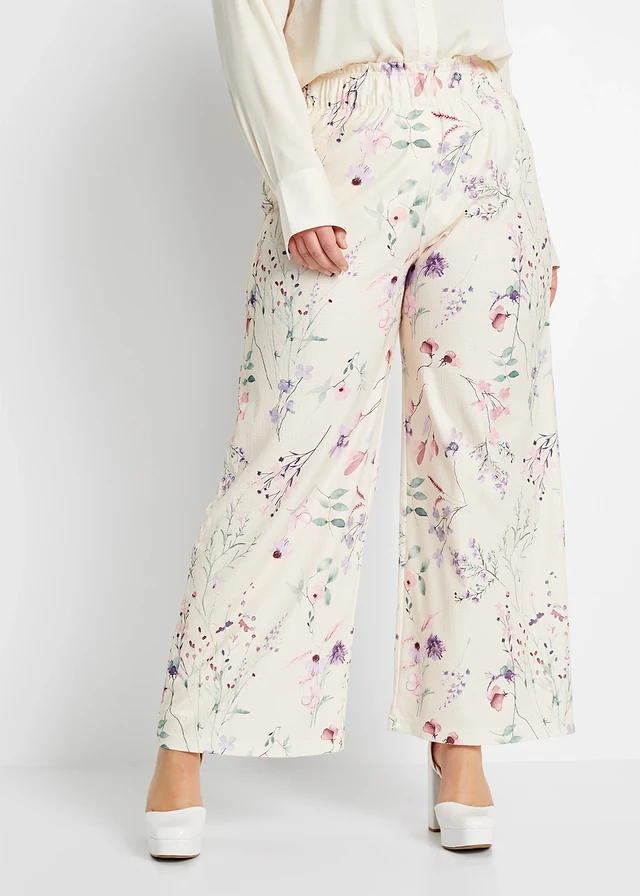 Pantalon en jersey de crêpe léger, Couleur: beige naturel floral