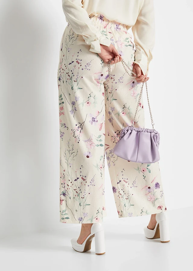 Pantalon en jersey de crêpe léger, Couleur: beige naturel floral
