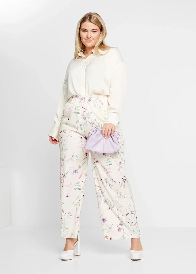 Pantalon en jersey de crêpe léger, Couleur: beige naturel floral