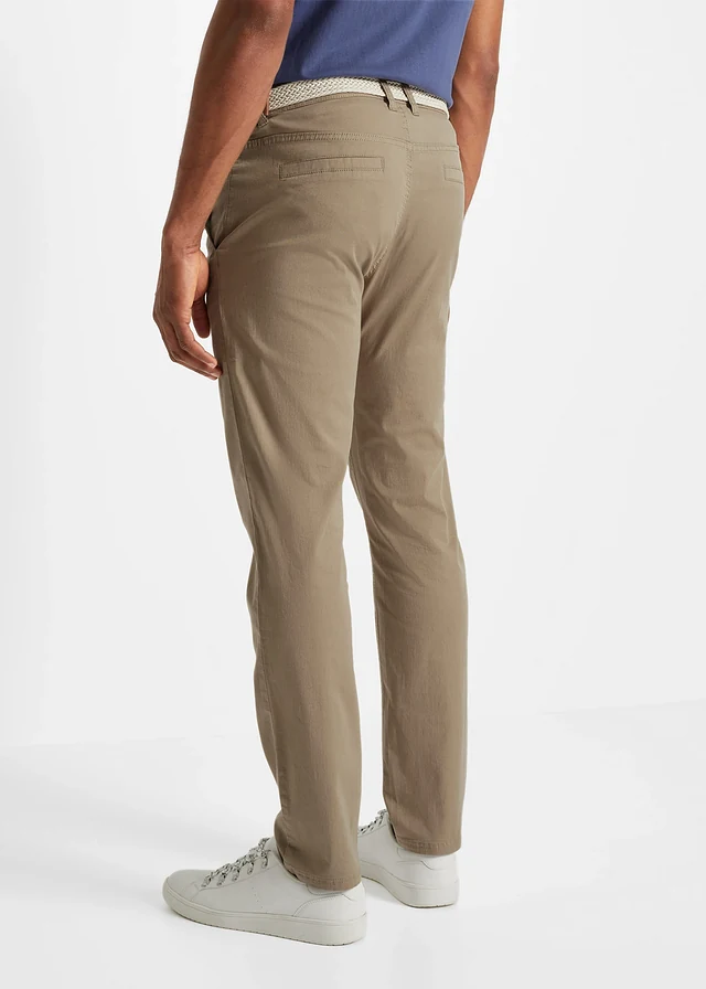 Spodnie chinosy regular fit z elastyczną gumką w talii i paskiem, straight • khaki • sklep bonprix