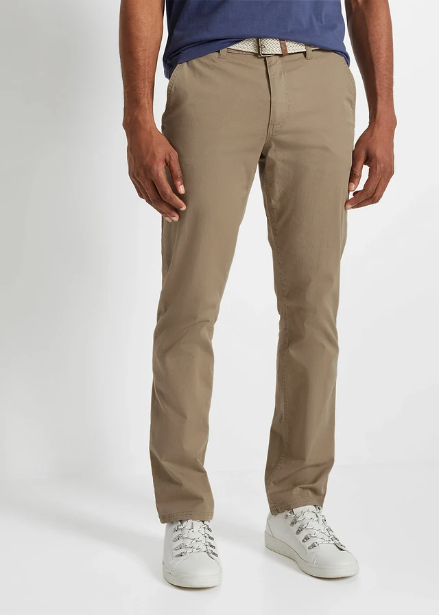 Pantalon chino droit avec taille élastique et ceinture, regular, Couleur: new kaki