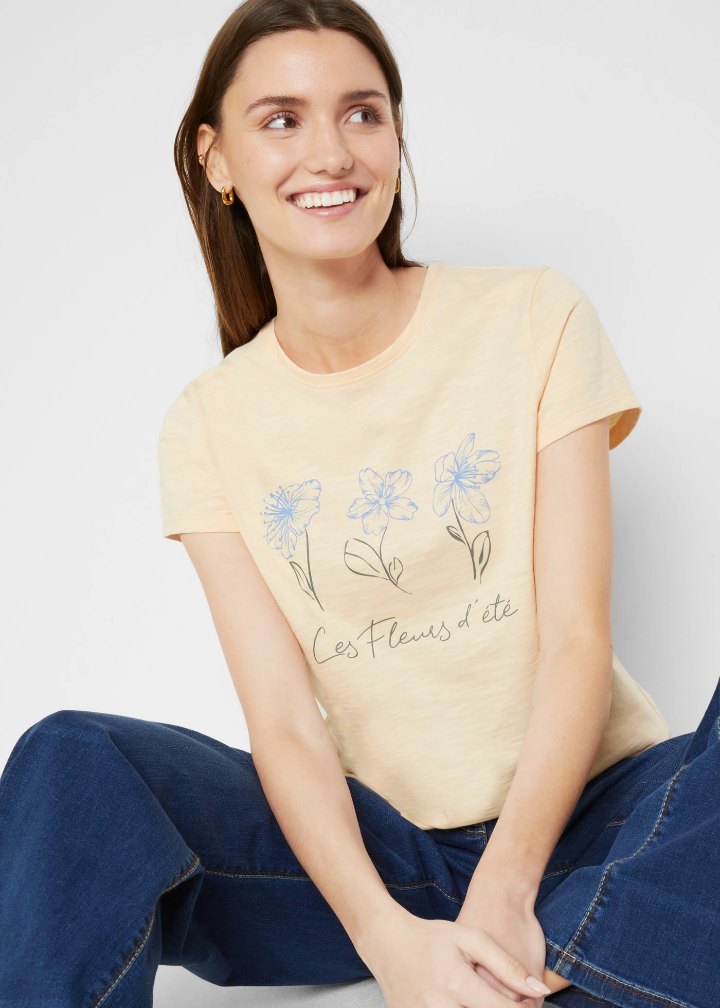 T-shirt basic z nadrukiem (2 szt.) • jasny morelowy z nadrukiem + biel wełny • bonprix obchod