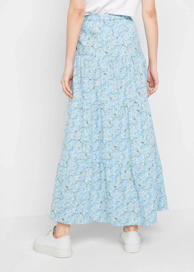 Jupe longue étagée, Couleur: bleu clair à fleurs