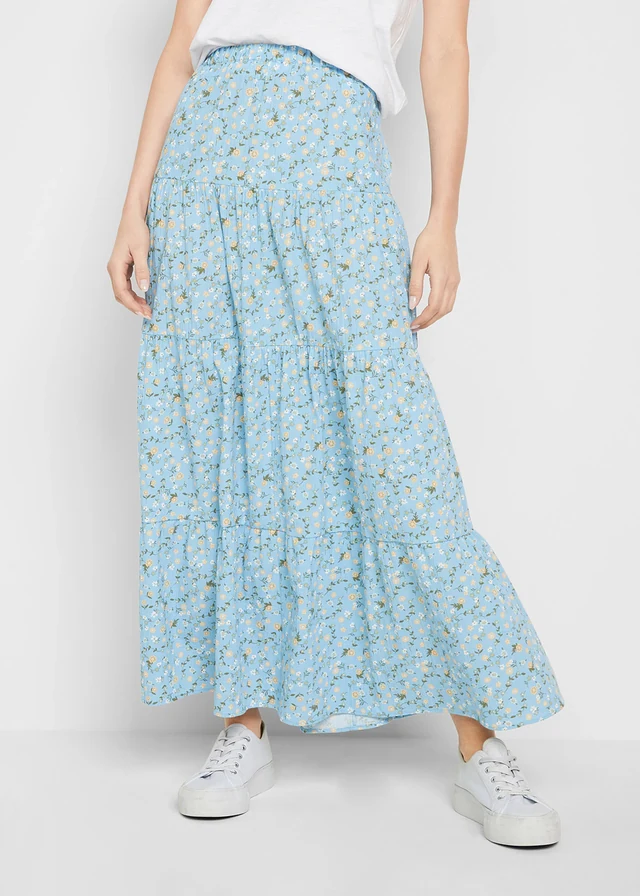 Jupe longue étagée, Couleur: bleu clair à fleurs