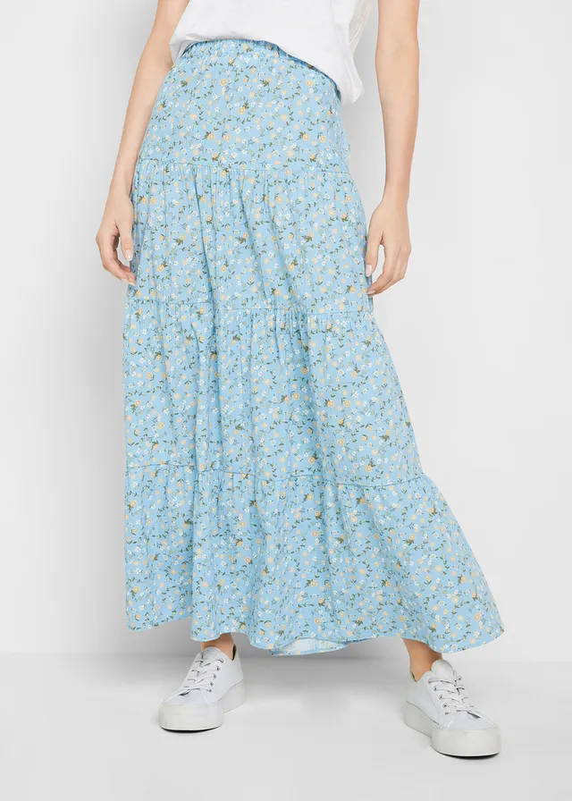 Maxi rok met volants, Kleur: lichtblauw gebloemd