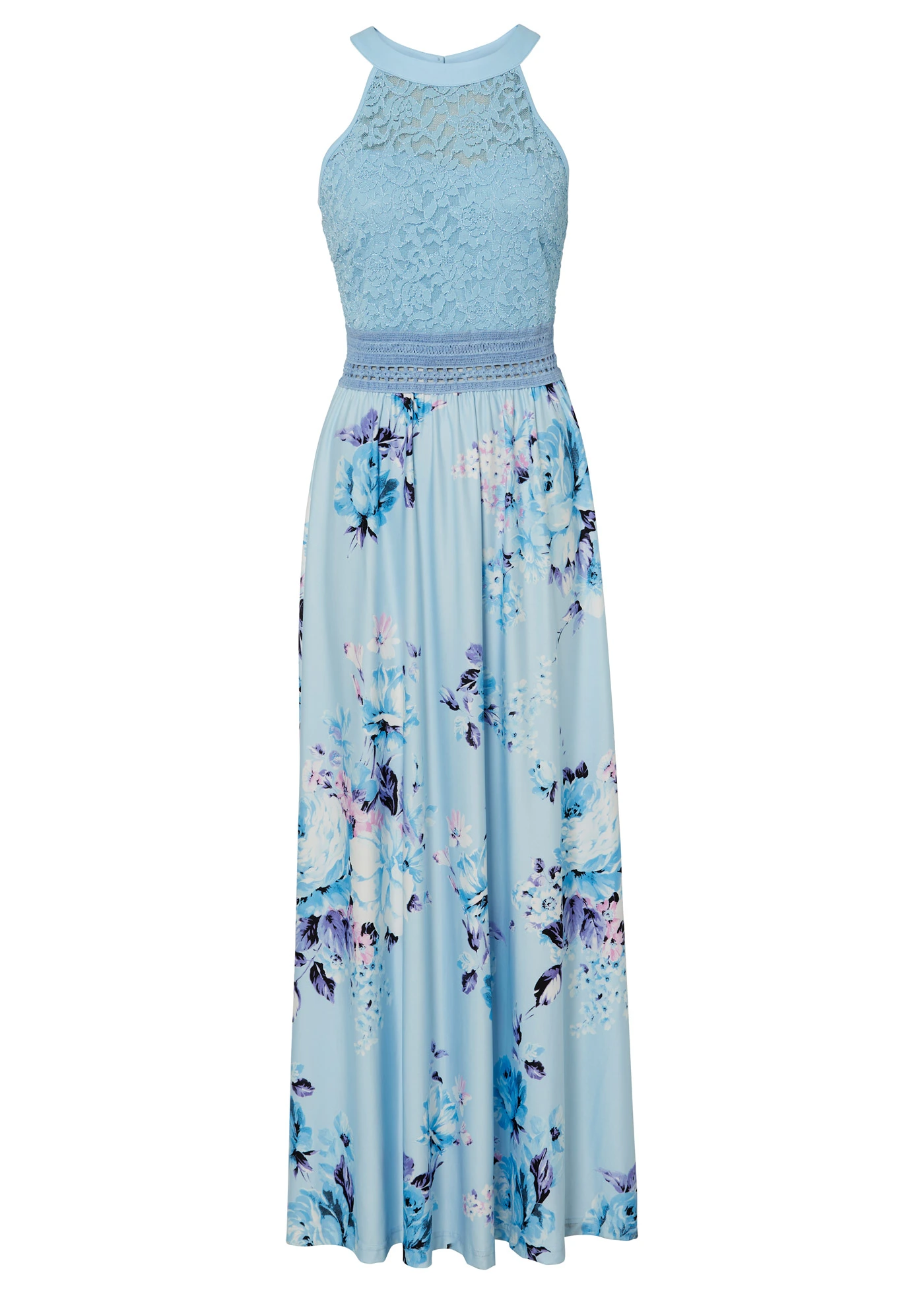 Rochie maxi cu imprimeu cu flori și dantelă • bleu/roz pal înflorat • magazin bonprix