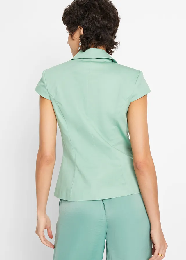 Blazer à manches courtes en satin de coton, Couleur: vert sauge