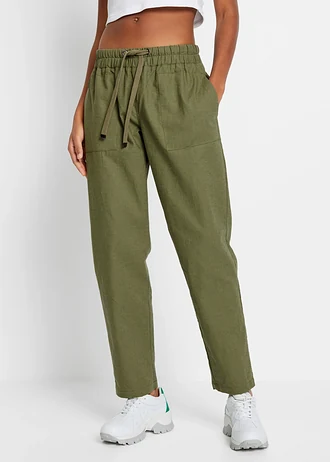 Léger pantalon jogger en lin mélangé, Couleur: olive