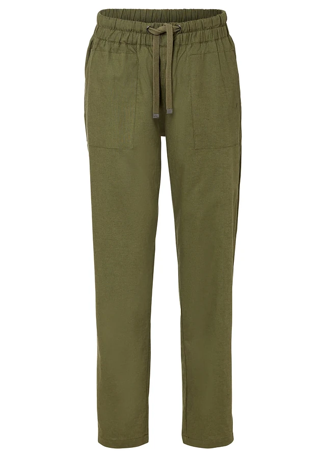 Léger pantalon jogger en lin mélangé, Couleur: olive