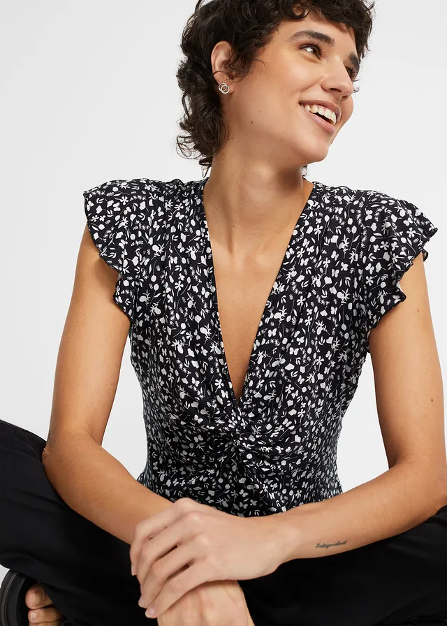 Blouse en jersey viscose extensible, Couleur: noir-blanc floral