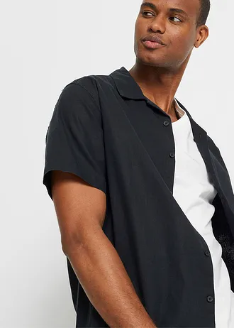 Koszula z krótkim rękawem z przewiewnej mieszanki lnu, loose fit • czarny • sklep bonprix