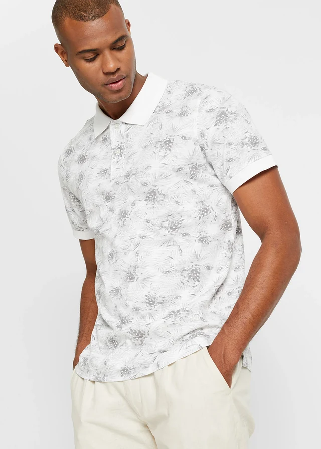 Polo 100% coton, Couleur: blanc/gris clair floral