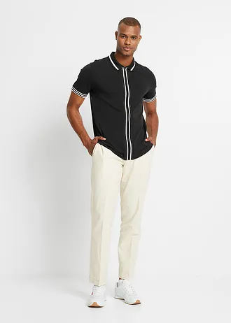 Polo zippé en maille piquée 100% coton, Couleur: noir/blanc