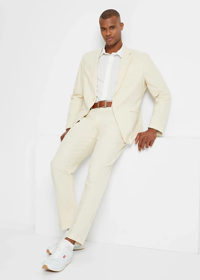 Pak met linnen, regular fit (2-dlg. set), Kleur: sandbeige