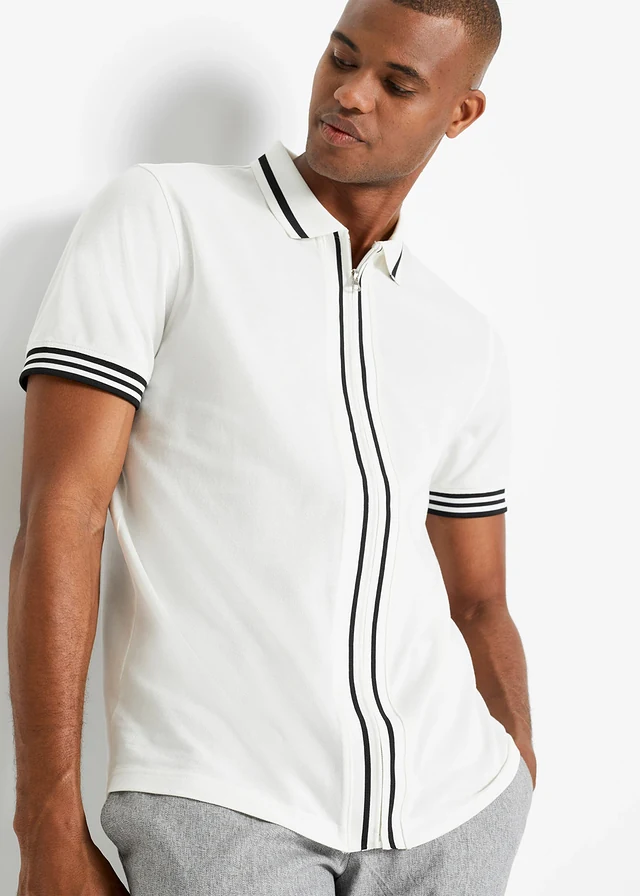 Piqué poloshirt met ritssluiting van katoen, Kleur: wit/zwart