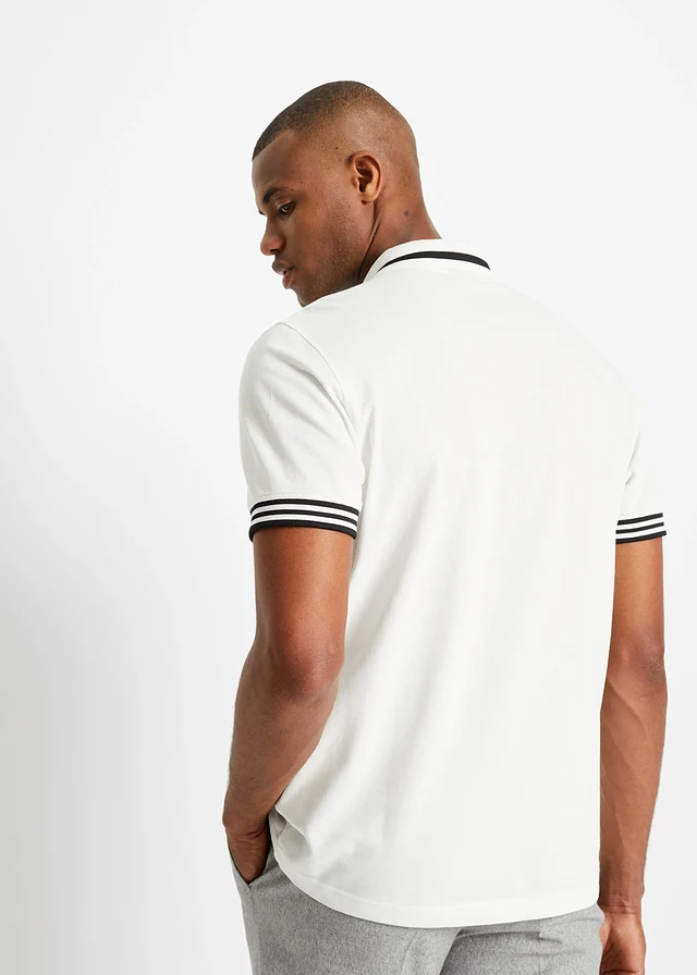 Polo zippé en maille piquée 100% coton, Couleur: blanc + noir
