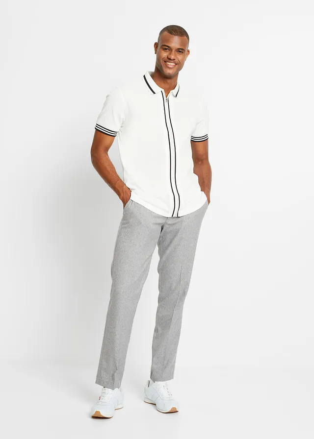 Piqué poloshirt met ritssluiting van katoen, Kleur: wit/zwart