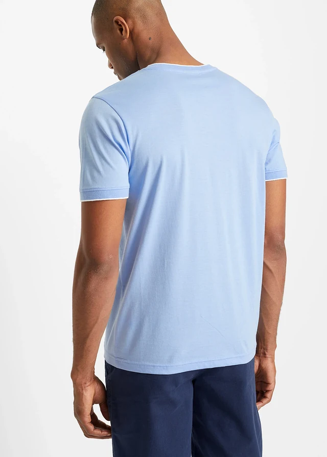 T-shirt col V double épaisseur, Couleur: bleu nacré