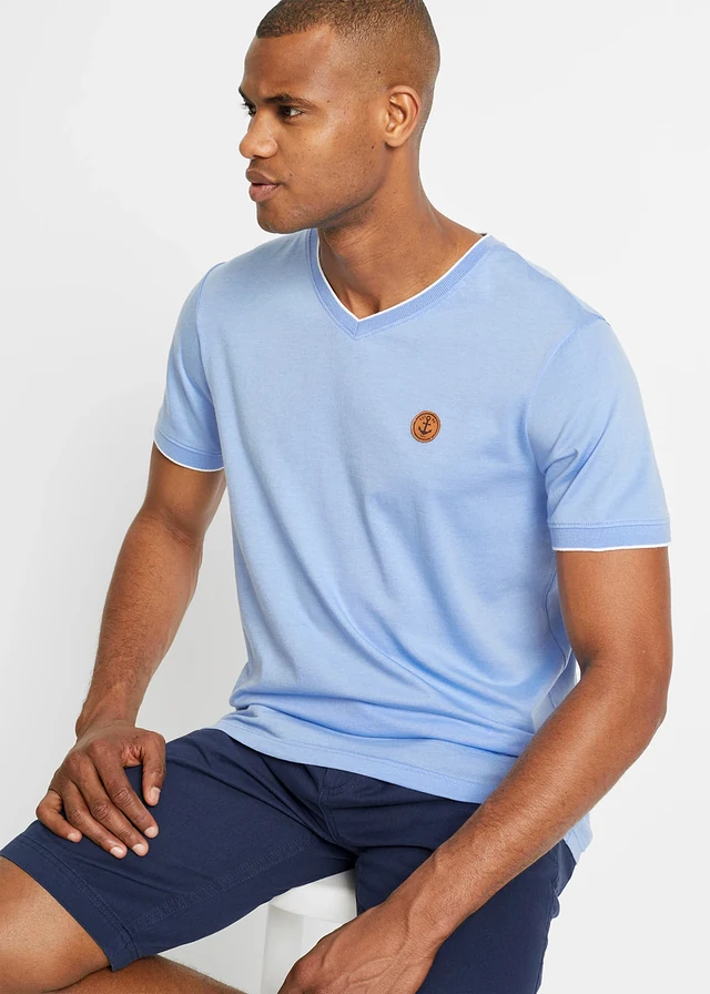 T-shirt col V double épaisseur, Couleur: bleu nacré