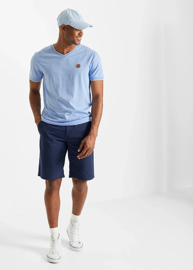 T-shirt col V double épaisseur, Couleur: bleu nacré