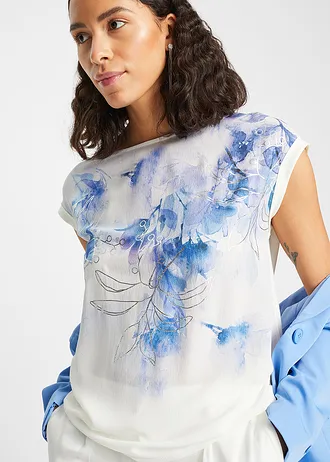 Blouse met bloemenprint, Kleur: wolwit-blauw gebloemd