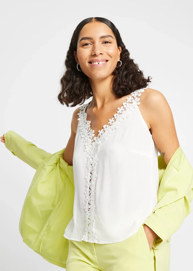 Top fluide sans manches en viscose texturée, Couleur: blanc