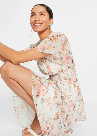 Midi jurk met volants • wit gebloemd • bonprix online shop