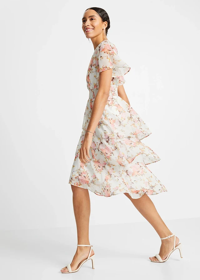Robe midi volantée, Couleur: blanc floral