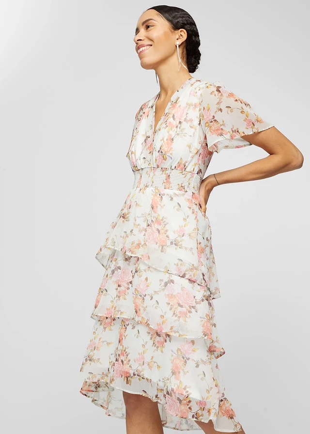 Robe midi volantée, Couleur: blanc floral