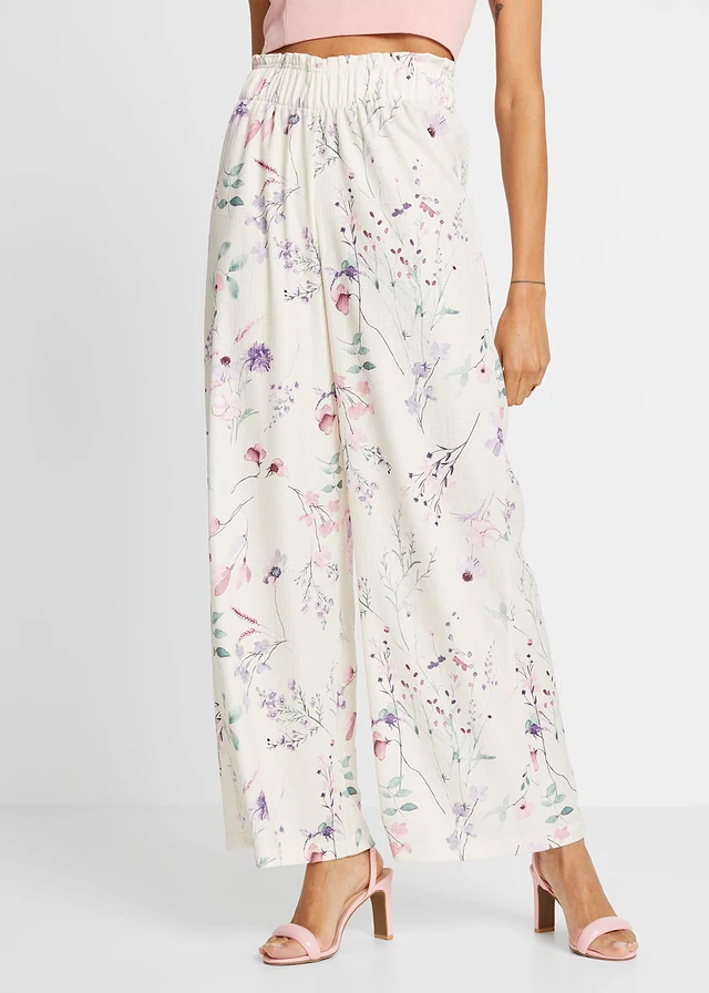 Jersey broek met bloemenprint, Kleur: natuurbeige gebloemd