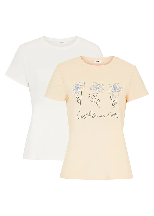 T-shirt basic z nadrukiem (2 szt.) • jasny morelowy z nadrukiem + biel wełny • bonprix obchod