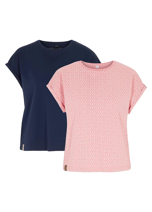T-shirt (set van 2), Kleur: rookroze met print+effen donkerblauw