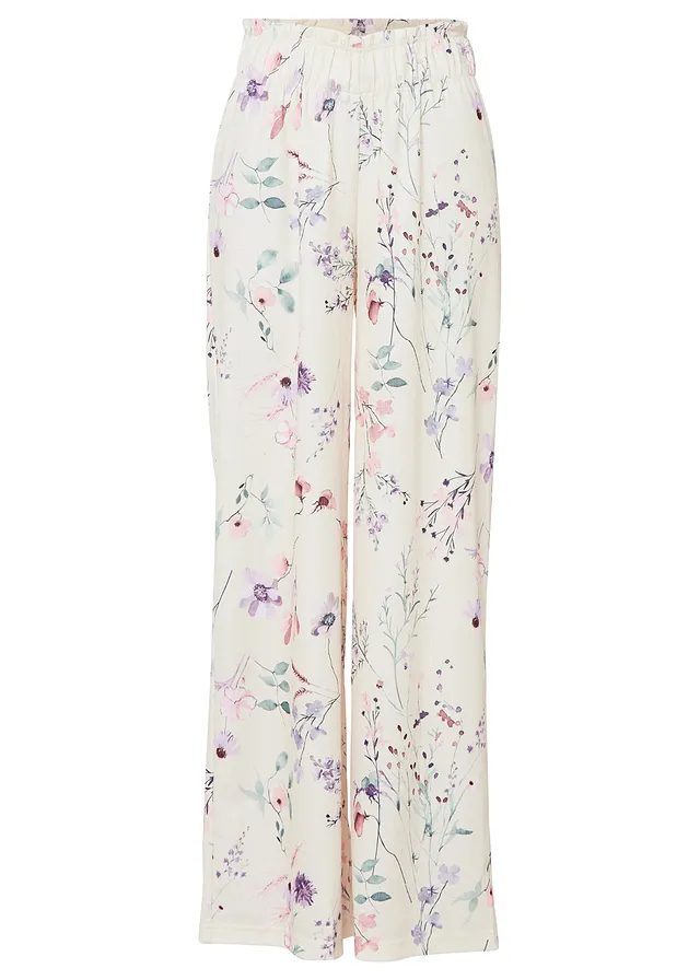 Žerzejové kalhoty ze vzdušného krepu • béžová s květy • bonprix obchod