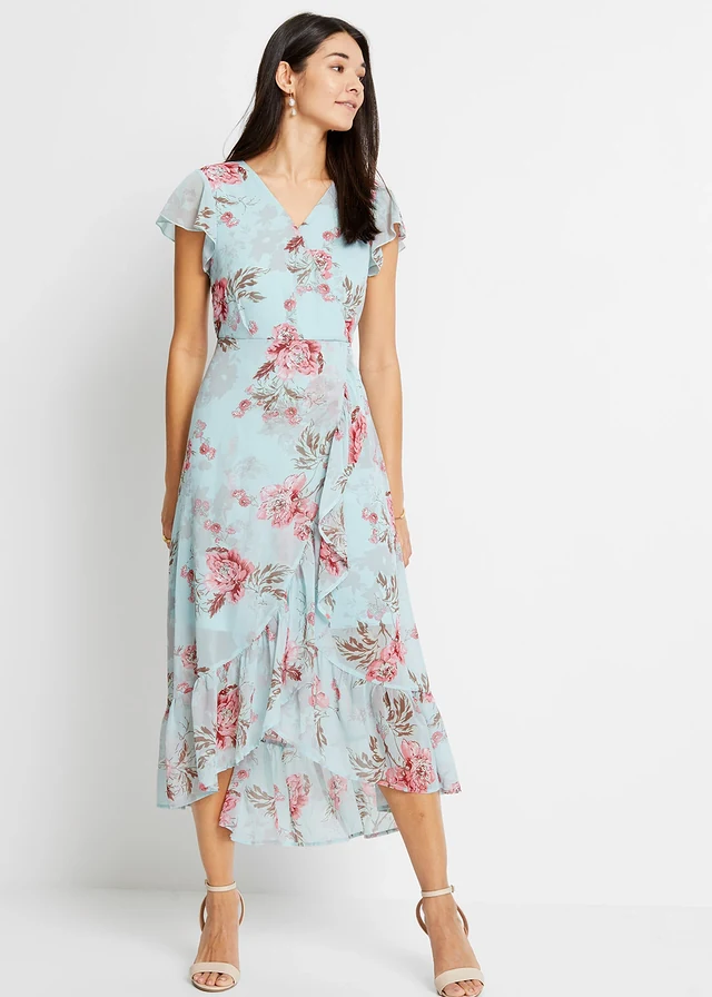 Chiffon jurk met volants, Kleur: lichtblauw gebloemd