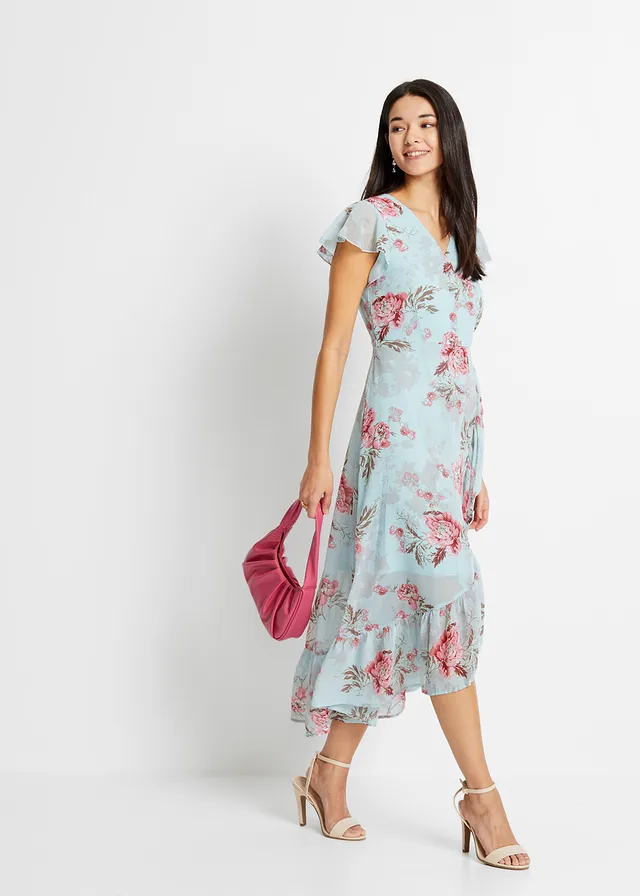 Chiffon jurk met volants, Kleur: lichtblauw gebloemd