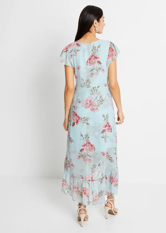 Chiffon jurk met volants, Kleur: lichtblauw gebloemd