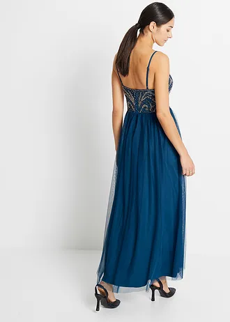 Jurk met kraaltjes, Kleur: petrol/zilver