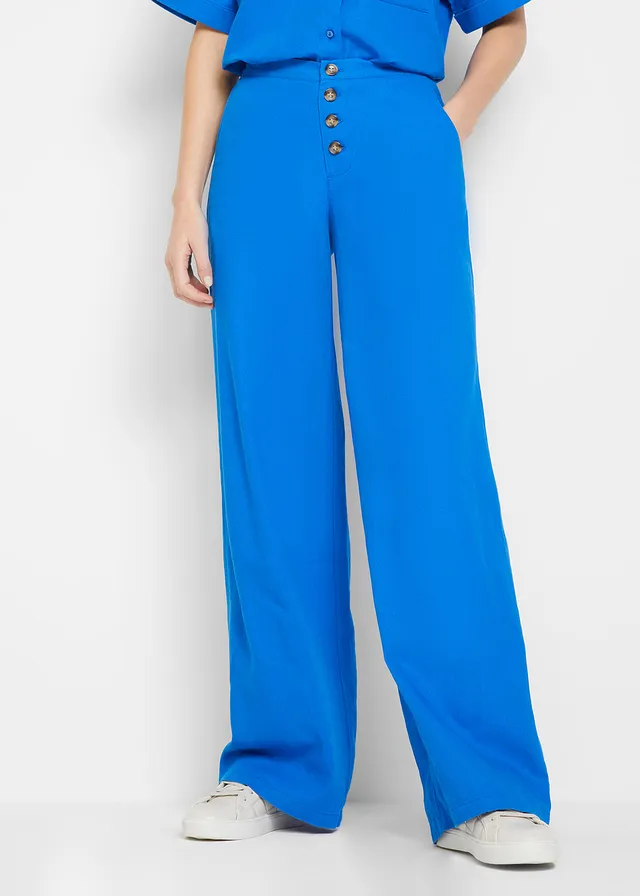 Lange palazzo broek met linnen, Kleur: azuurblauw