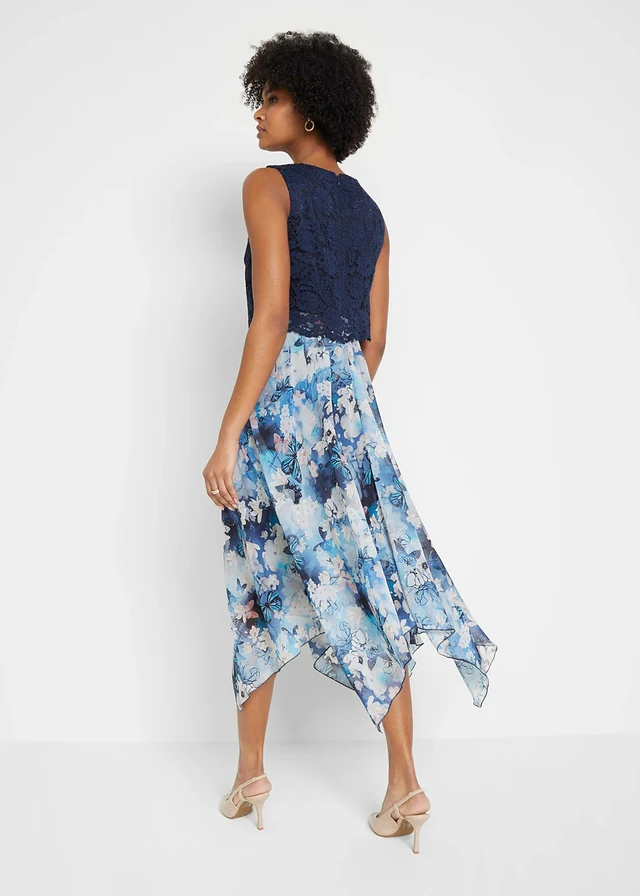 Robe en mousseline avec dentelle, Couleur: bleu foncé floral