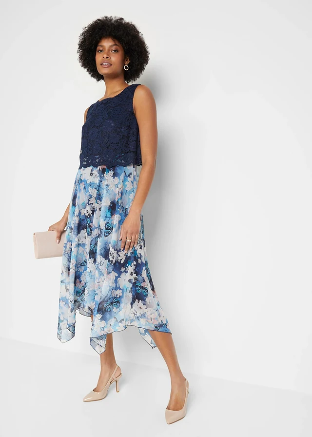Chiffon jurk met sierlijk kant, Kleur: donkerblauw gebloemd