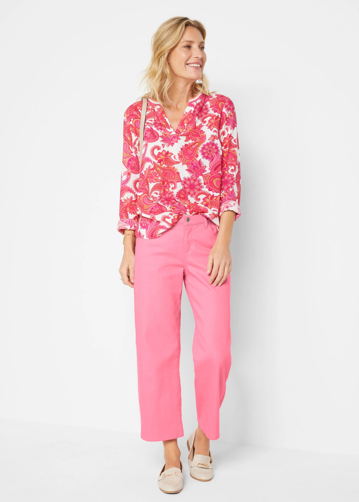 Tuniková halenka ze splývavé viskózy • pinklady/svítivě růžová/jemně oranžová • bonprix obchod