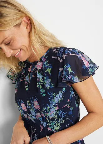 Robe en mousseline à manches papillon • bleu foncé floral • Boutique bonprix