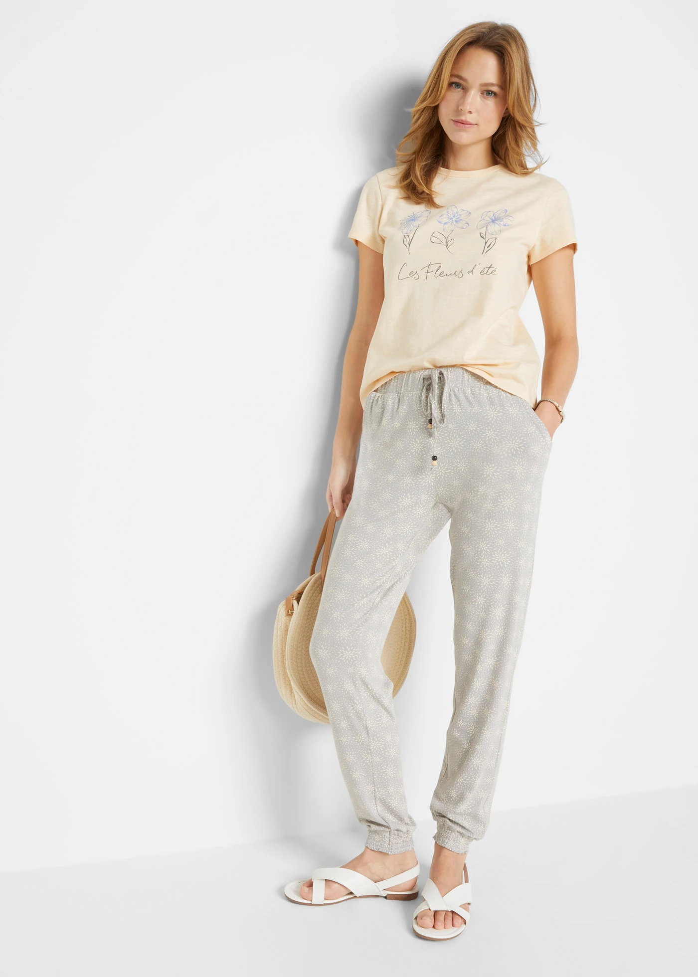 T-shirt basic z nadrukiem (2 szt.) • jasny morelowy z nadrukiem + biel wełny • bonprix obchod