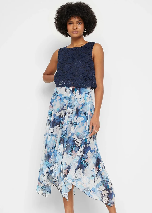 Chiffon jurk met sierlijk kant, Kleur: donkerblauw gebloemd