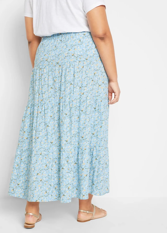 Jupe longue étagée, Couleur: bleu clair à fleurs