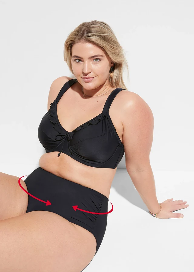 Licht corrigerend high waist bikinibroekje met plooien, Kleur: zwart