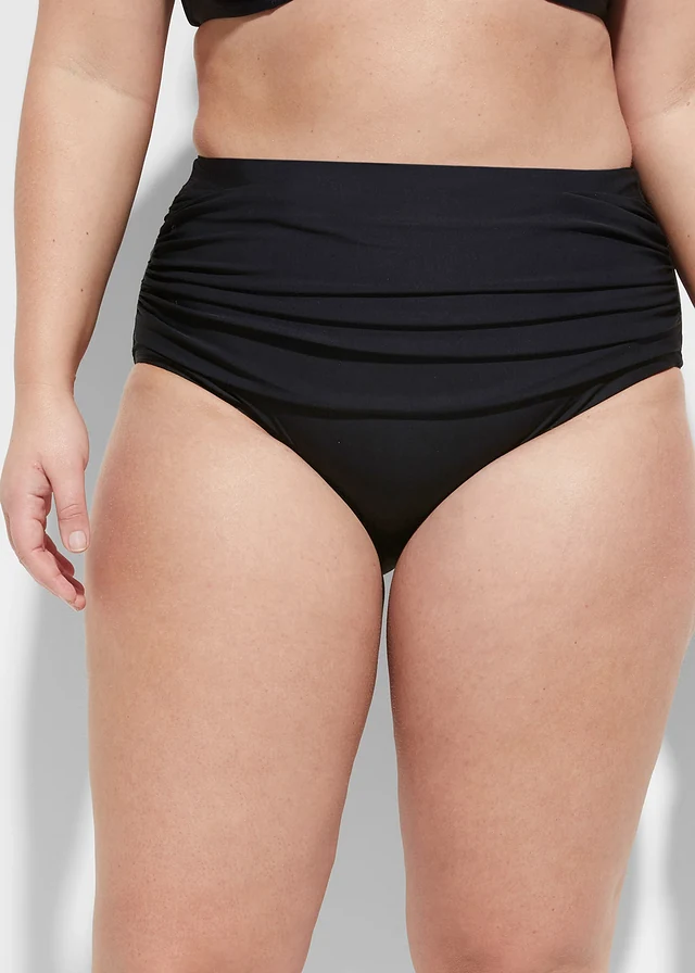 Licht corrigerend high waist bikinibroekje met plooien, Kleur: zwart