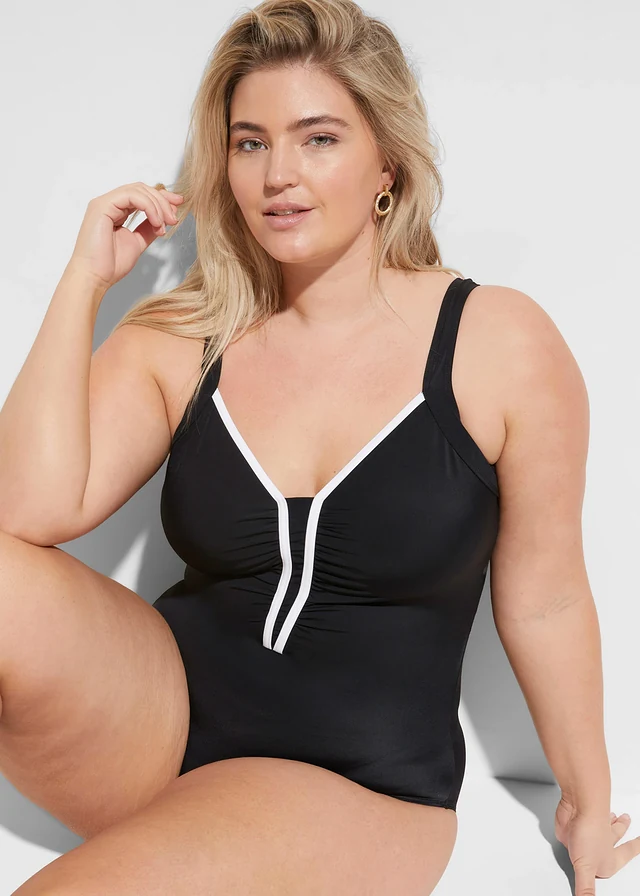 Maillot 1 pièce à passepoil, Couleur: noir / blanc