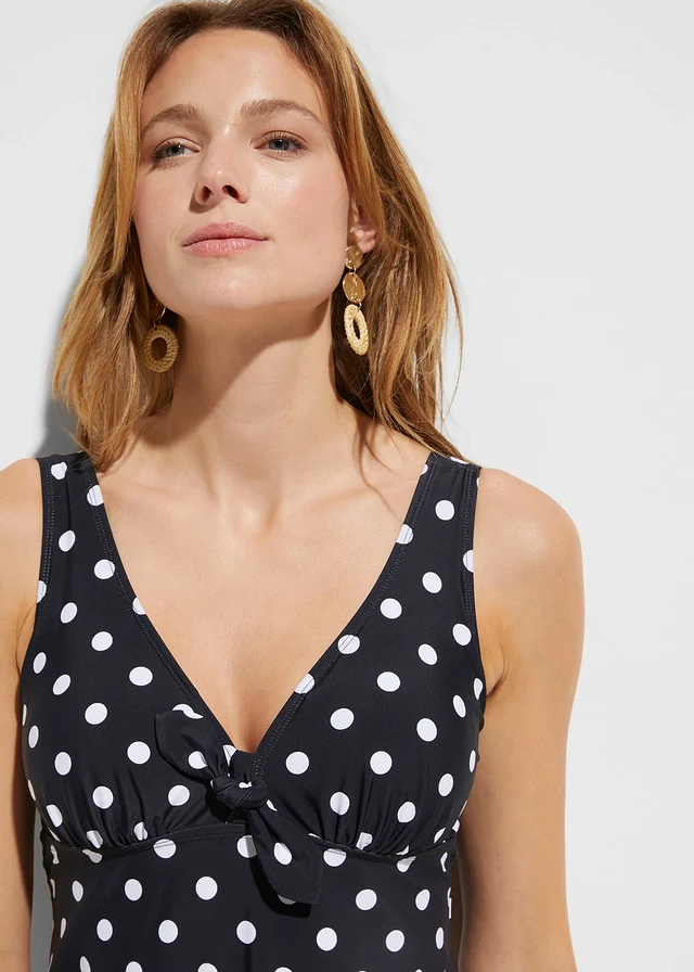 Robe de bain à larges bretelles, Couleur: noir pois blanc