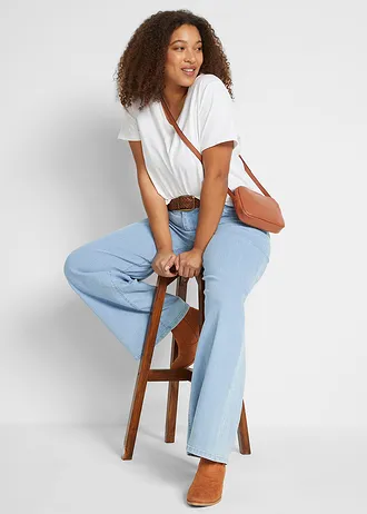 Jean large, taille mi-haute, extensible, Couleur: bleu clair denim used